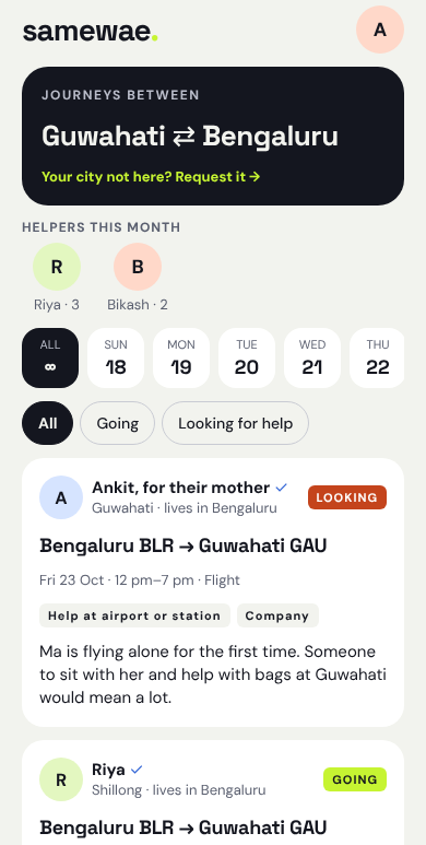 The Samewae app showing journeys between Guwahati and Bengaluru